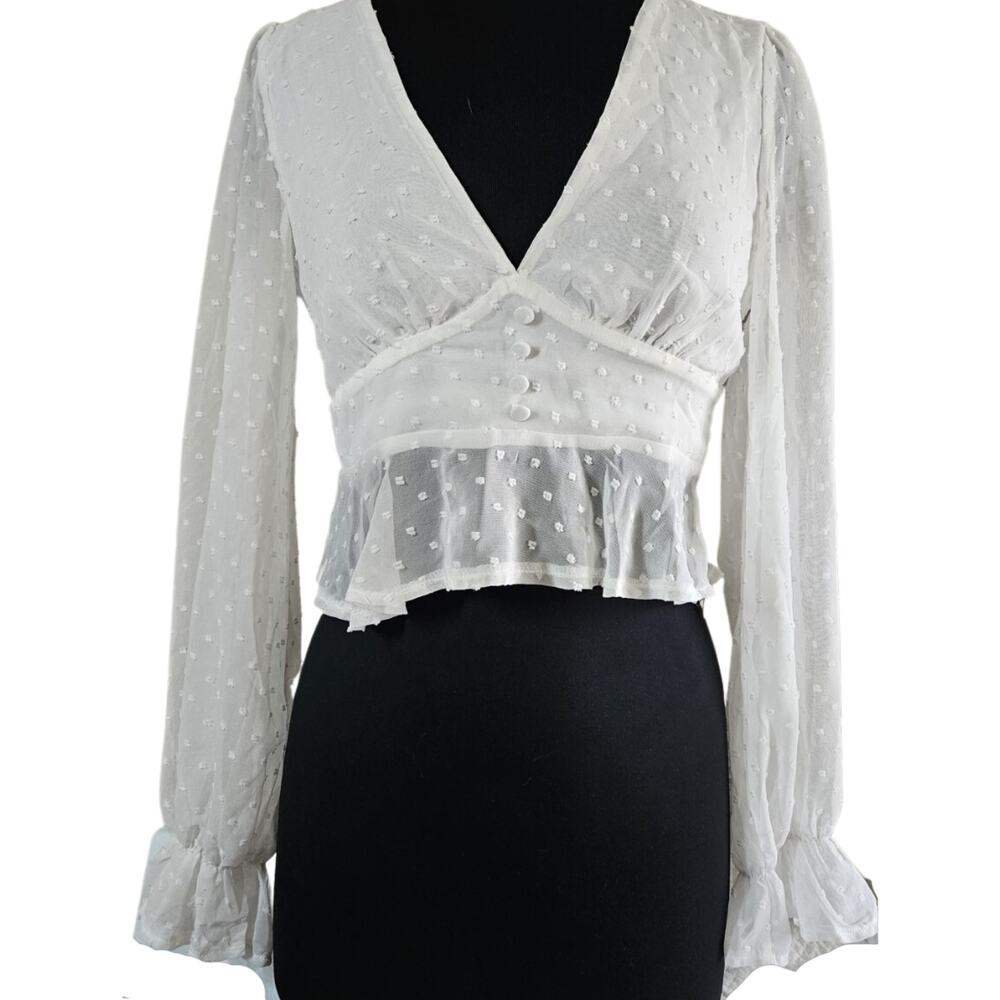 Off White Mesh V Neck Long Sleeve Crop Top Size 10